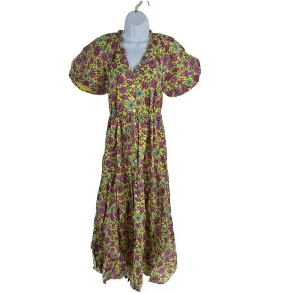 Banjanan NWT Poppy Puff Sleeve Daisy Floral Maxi Dress Size XS Yellow Purple - Picture 4 of 11